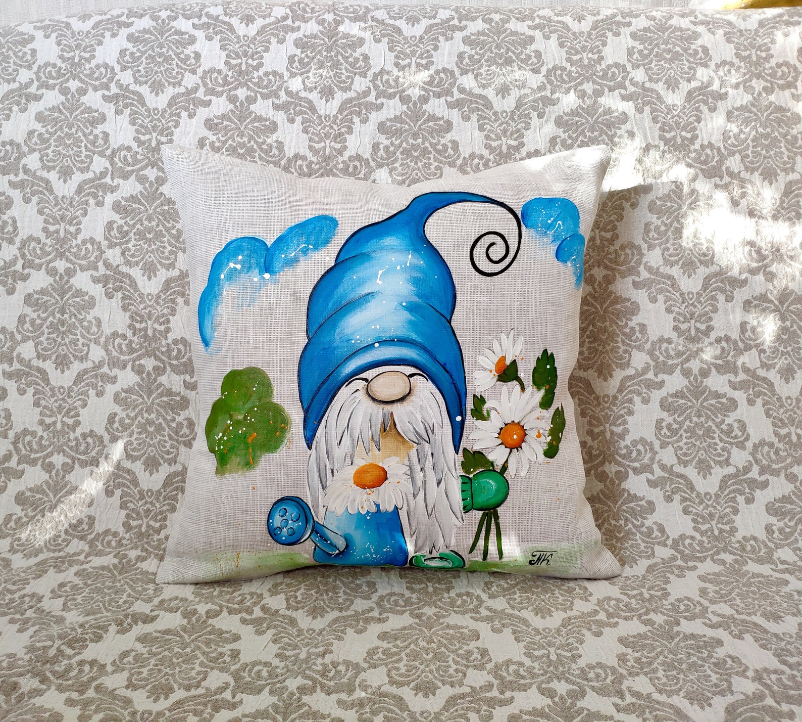 Garden Gnome Pillow Cover Handpainted Burlap pillowcase Linen Etsy