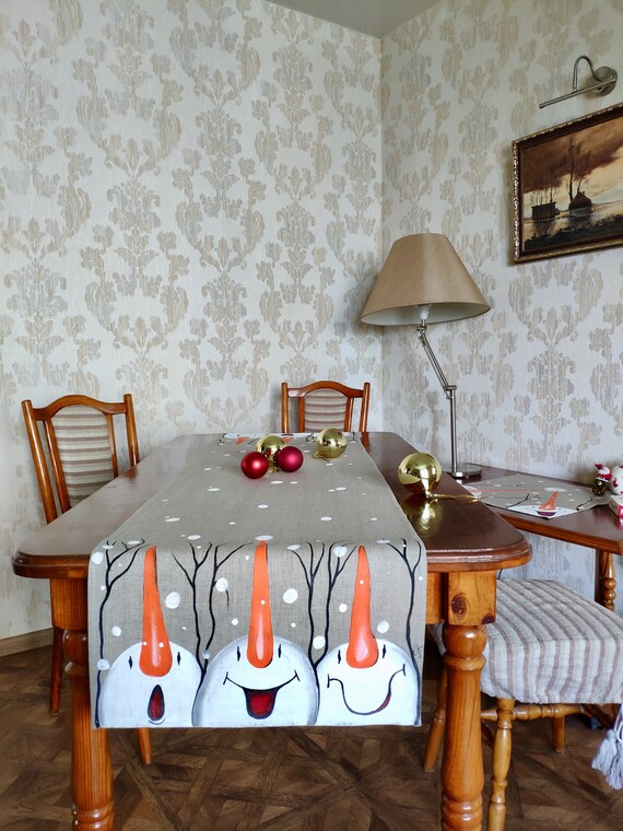 Snowman Table Runner Hand Painted Kitchen Linens Holiday Etsy