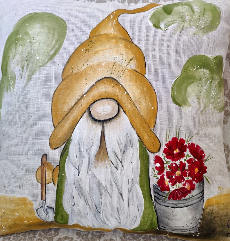 Garden Gnome Pillow Cover Handpainted outdoor pillows Etsy