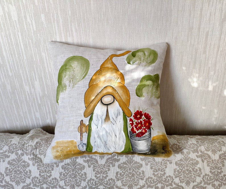 Garden Gnome Pillow Cover Handpainted outdoor pillows Etsy