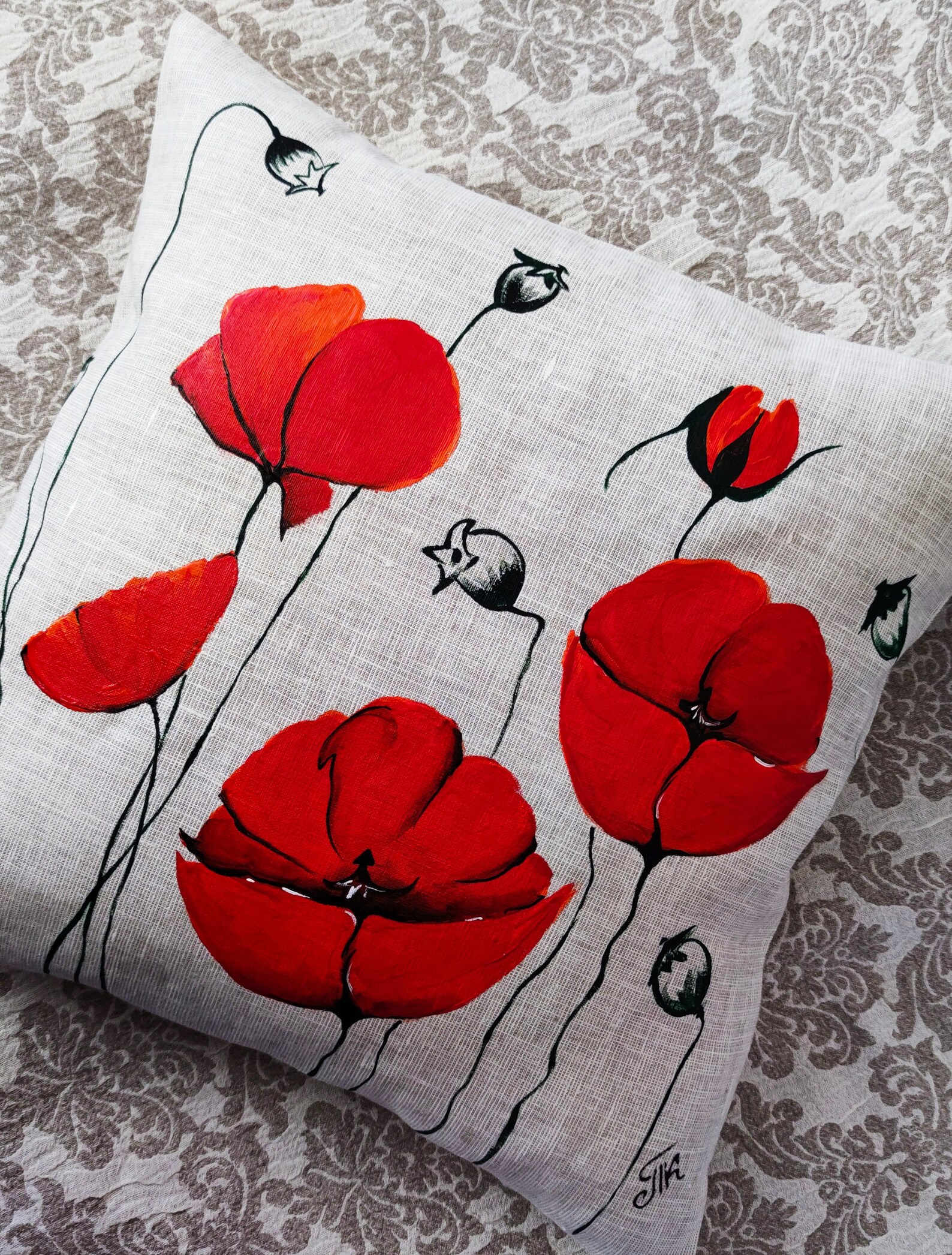 Poppy Outdoor Pillow Handpainted Red Patio Pillows Accent Etsy