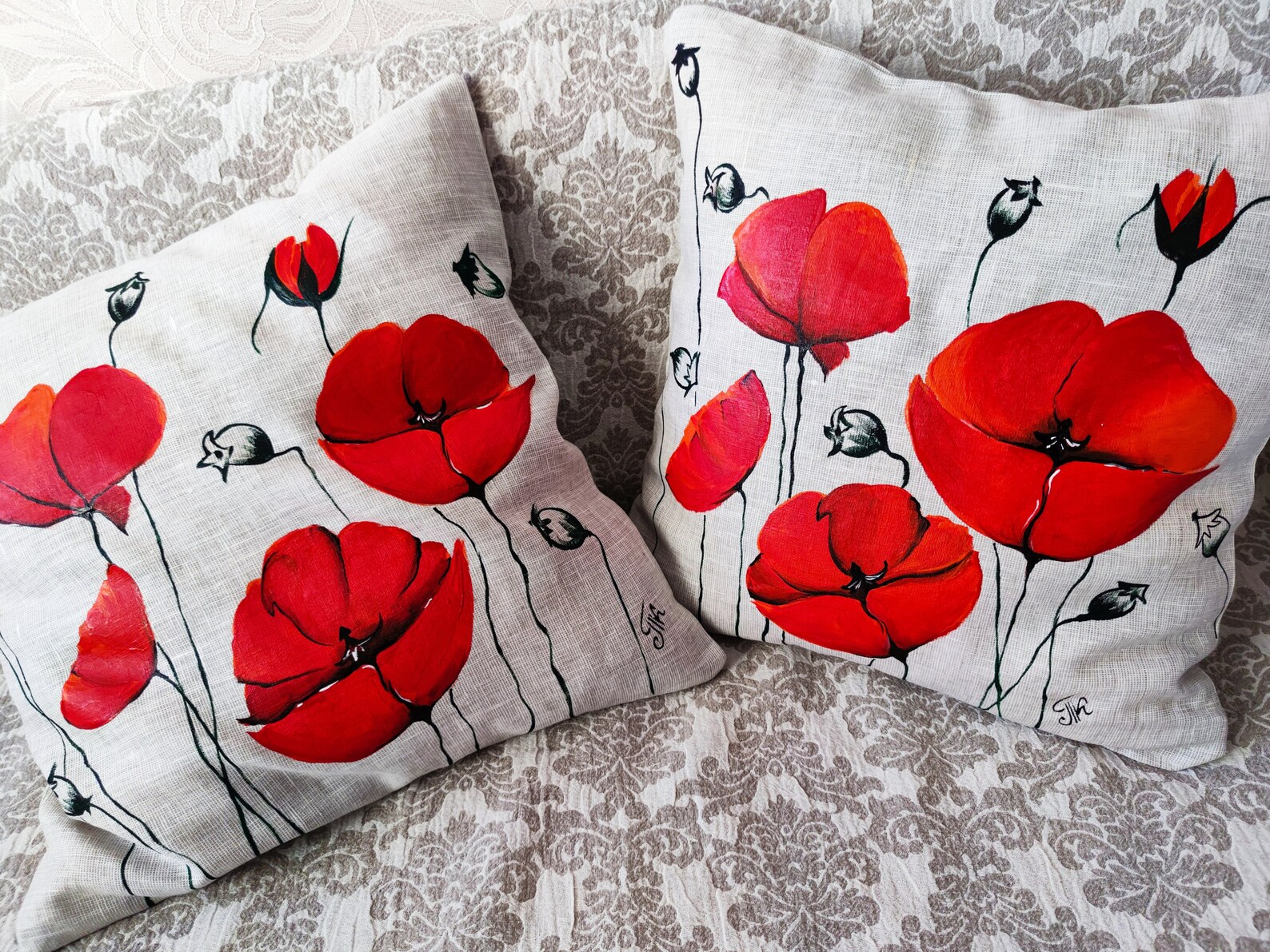 Poppy Outdoor Pillow Handpainted Red Patio Pillows Accent Etsy