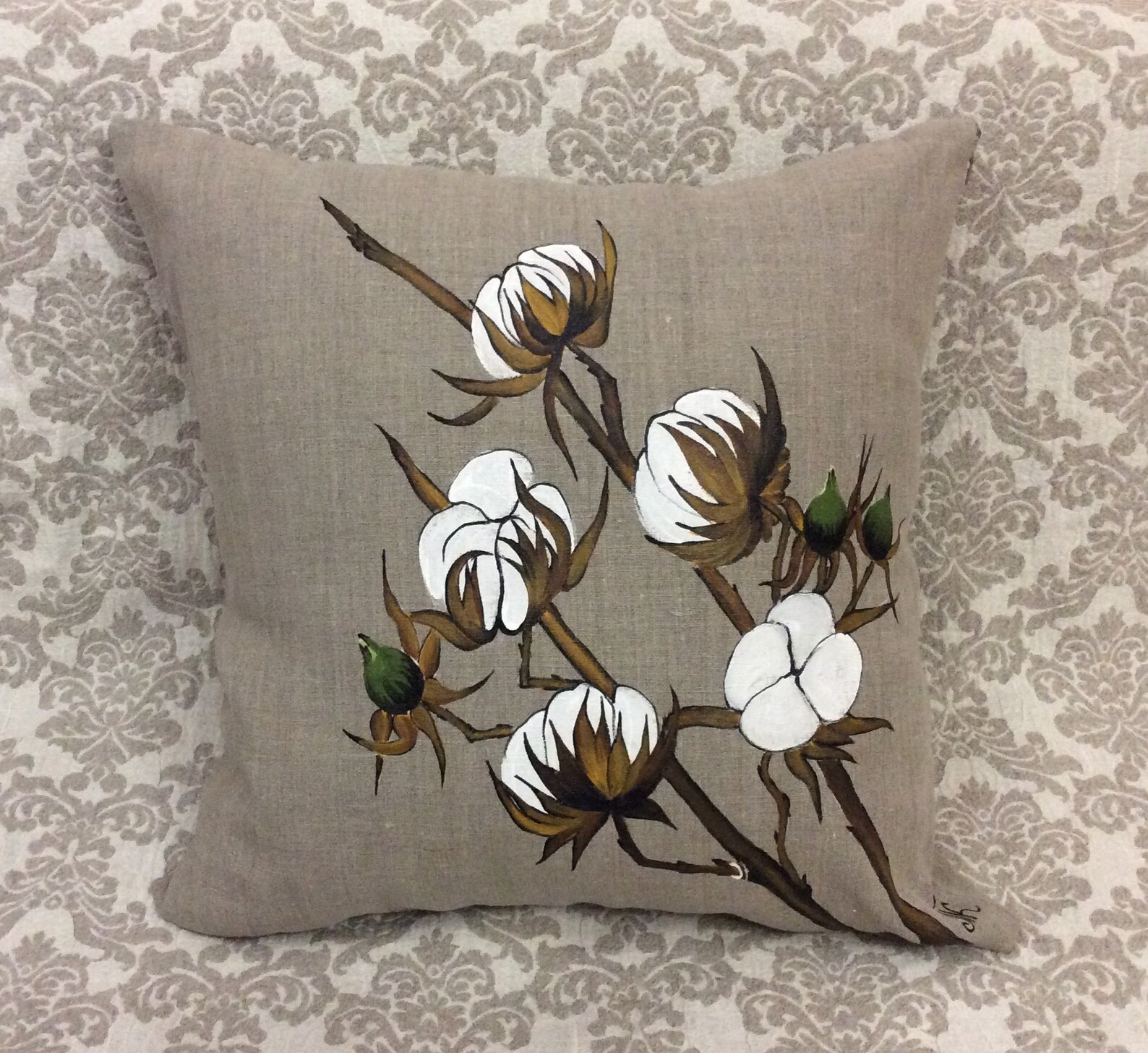 Handpainted Cotton Boll Pillow Cover Farm Style Decor Rustic Etsy