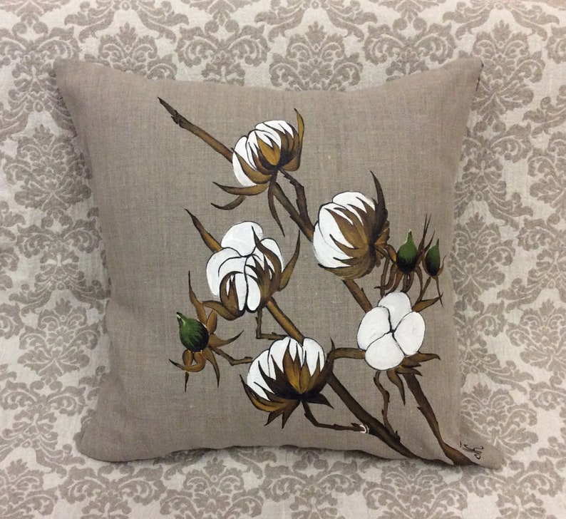 Hand-painted Cotton Boll Pillow Cover Farm Style Decor Rustic Entryway WeddingBride Cottage Indoor Outdoor Burlap gifts for grandmothers