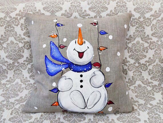 Snowman Pillow Cover Hand-painted Snow Christmas Blue scarf | Etsy