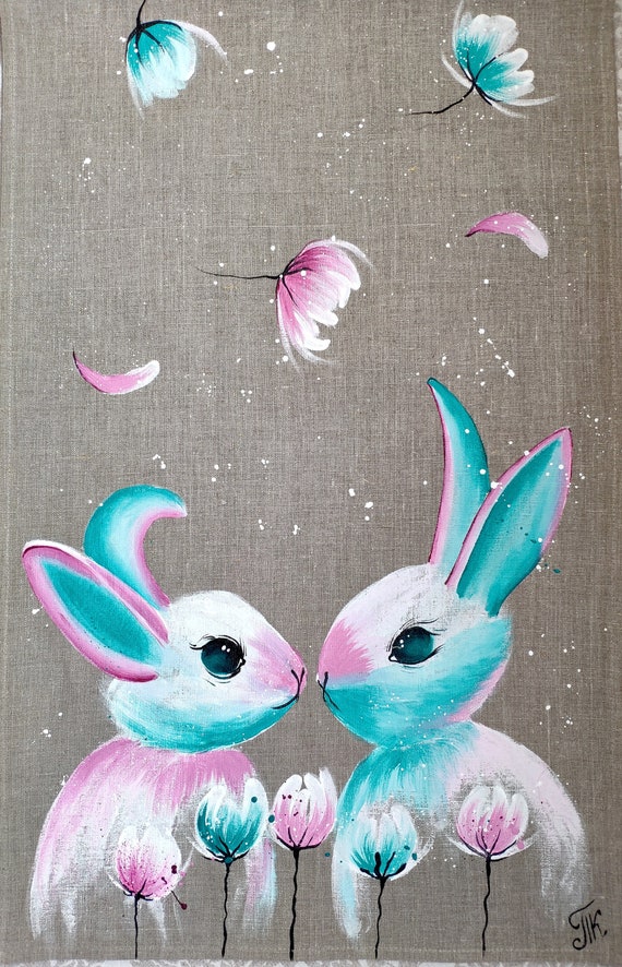 Bunny Table Runner Hand-painted Easter Linen Handmade | Etsy