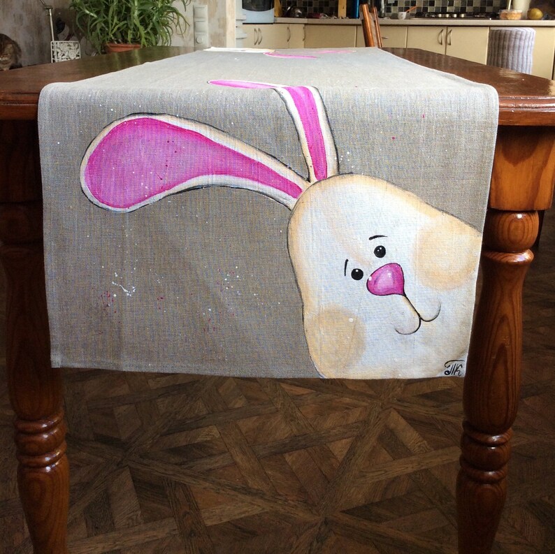 Easter Bunny Table Runner Handpainted Bunny Rabbit Burlap Etsy