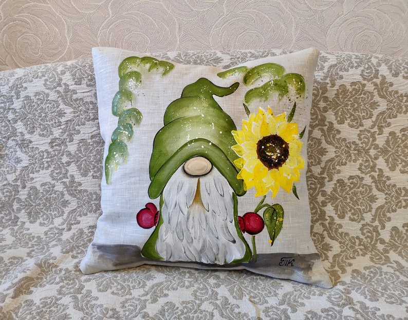 Garden Gnome Pillow Cover Handpainted Burlap pillowcase Linen Etsy