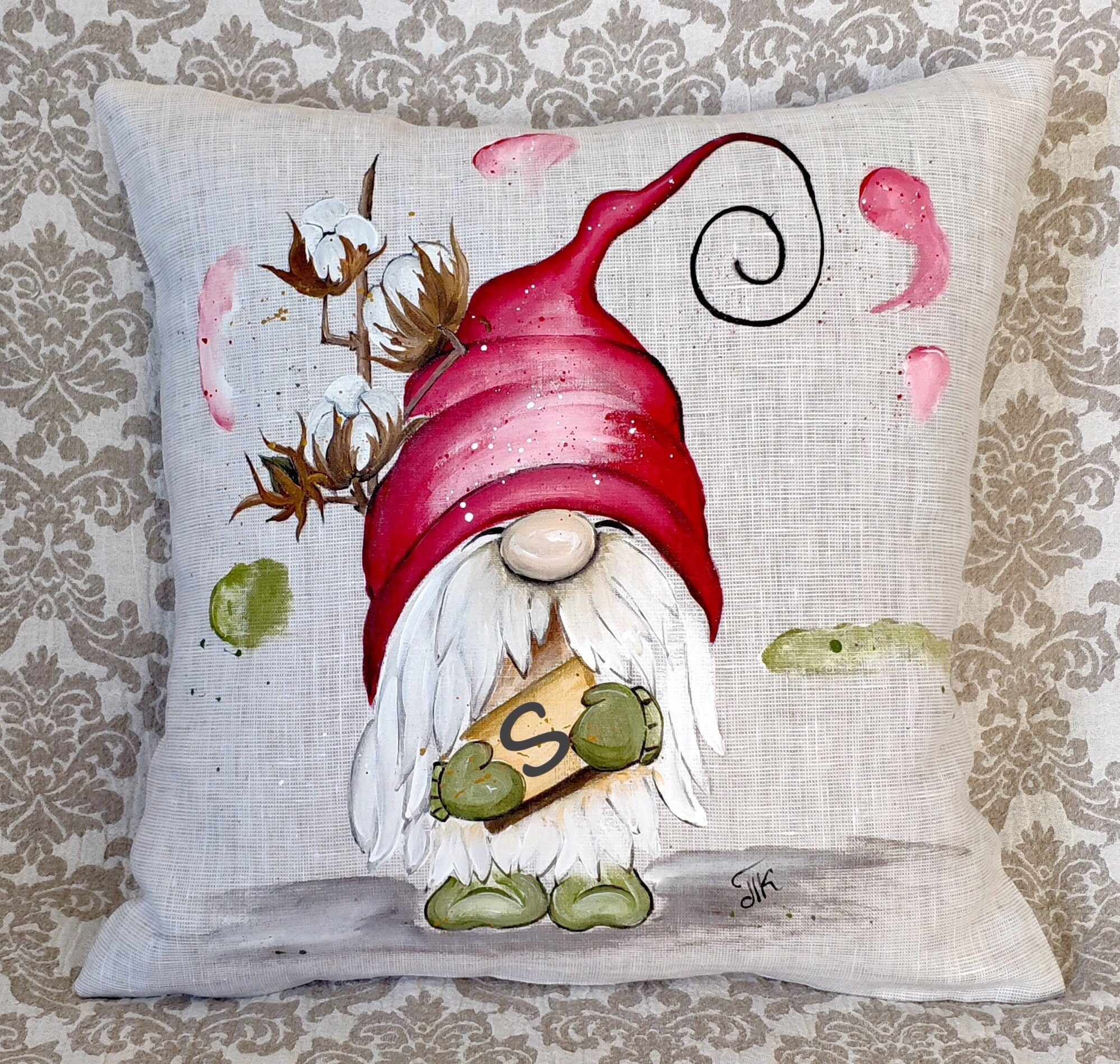 Garden Gnome Pillow Cover Handpainted Burlap pillowcase Linen Etsy