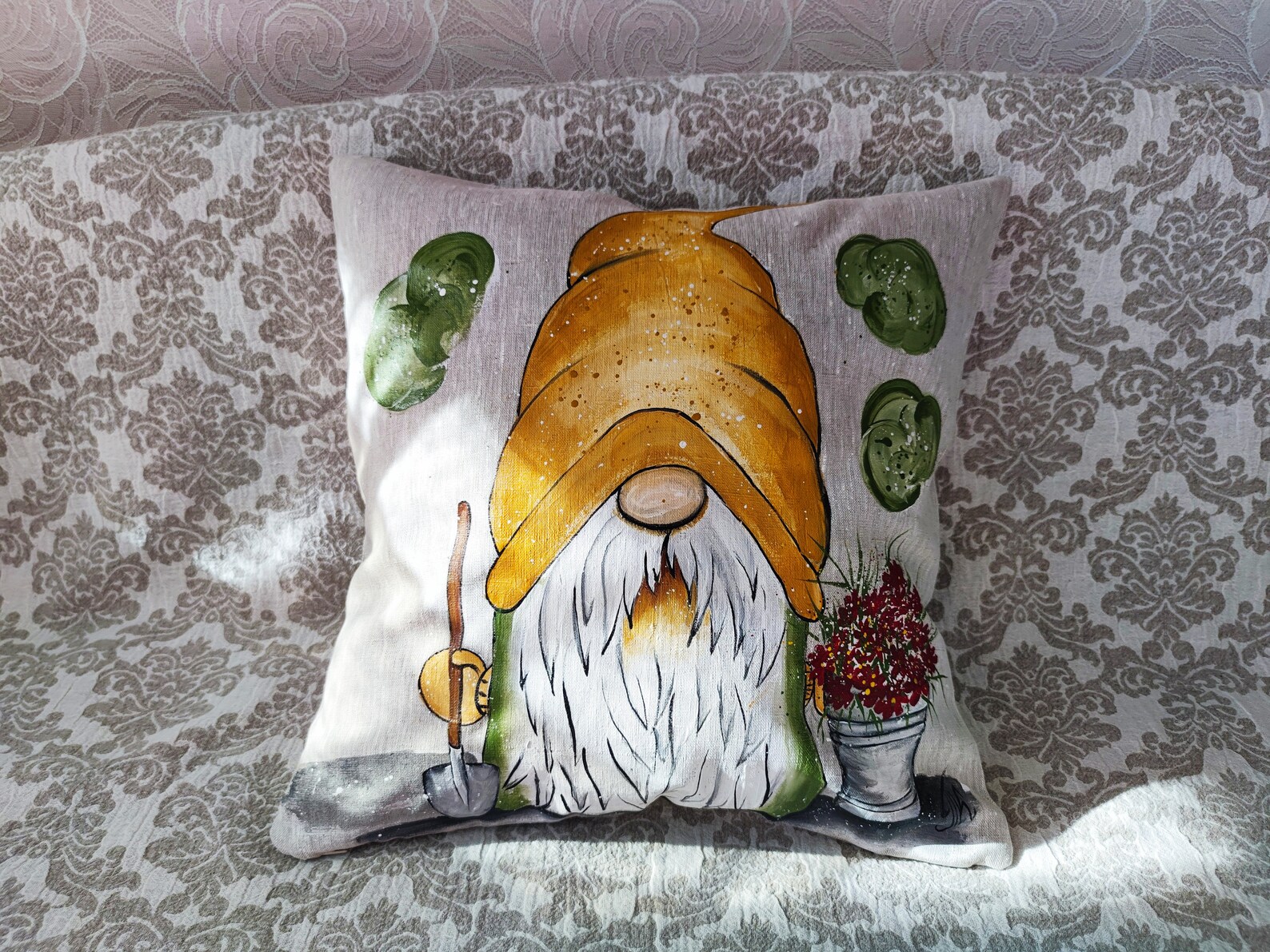 Garden Gnome Pillow Cover Handpainted Outdoor Pillows Etsy