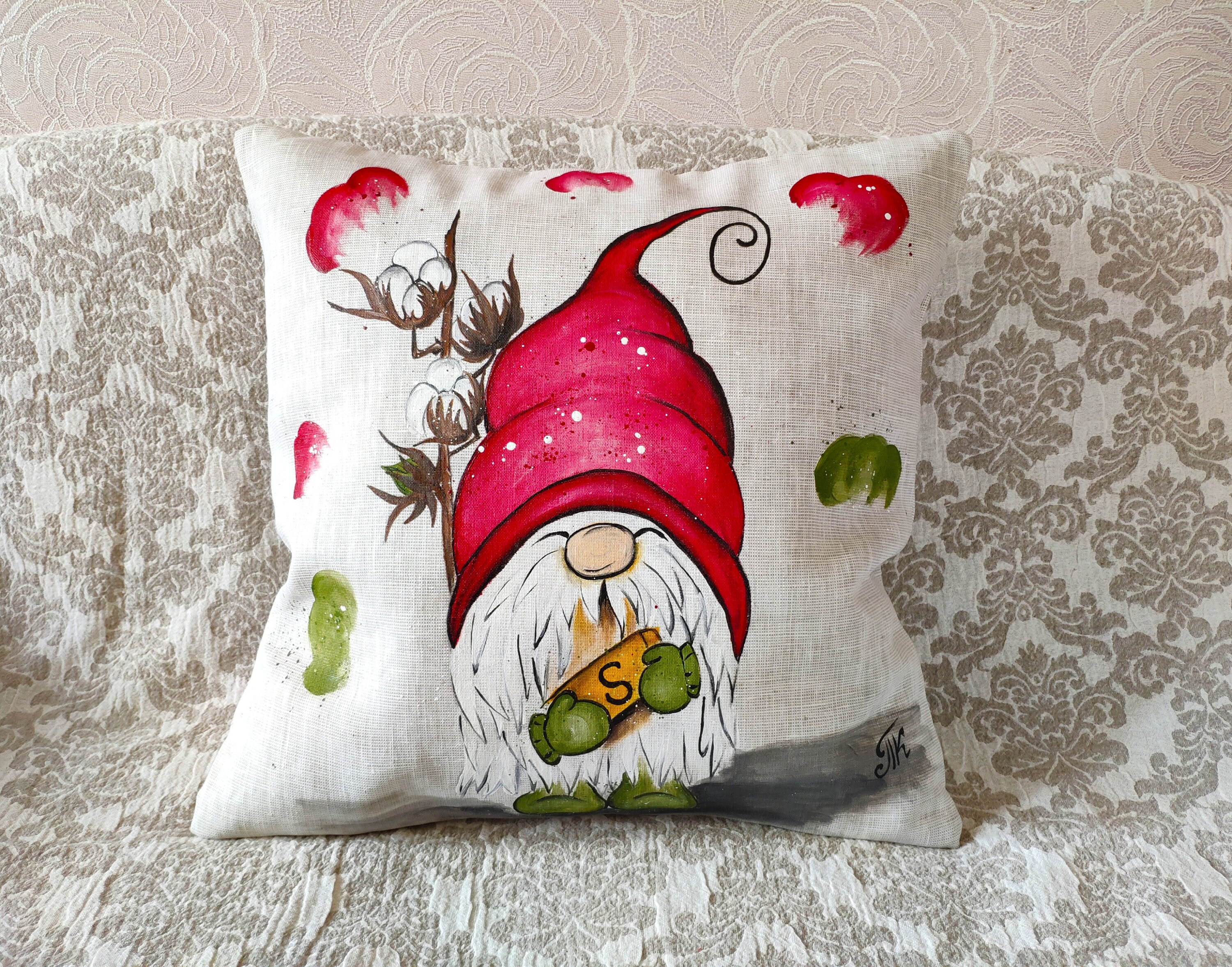 Garden Gnome Pillow Cover Handpainted Burlap pillowcase Linen Etsy