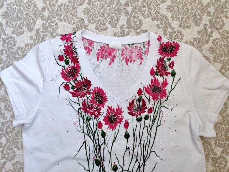 Handpainted tshirt tee tees Flowers women tee around vneck Etsy
