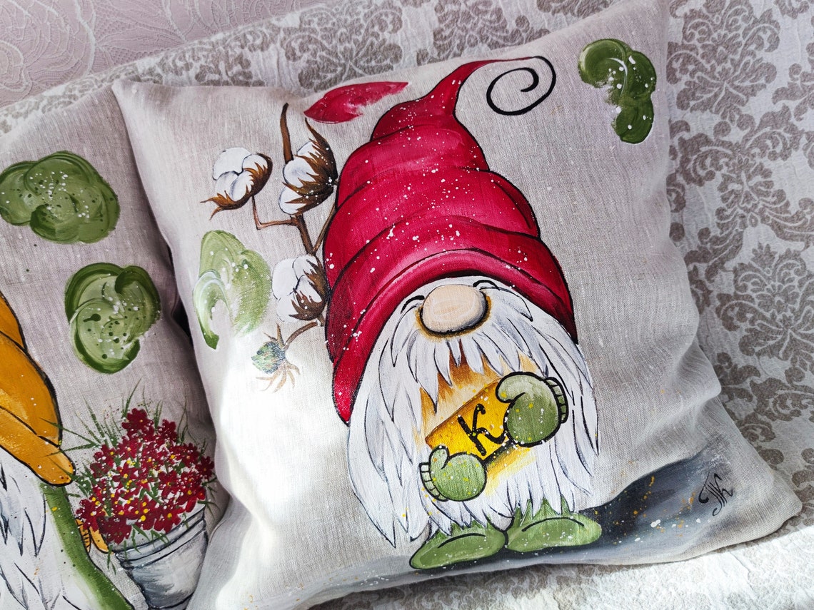 Garden Gnome Pillow Cover Handpainted Burlap pillowcase Linen Etsy
