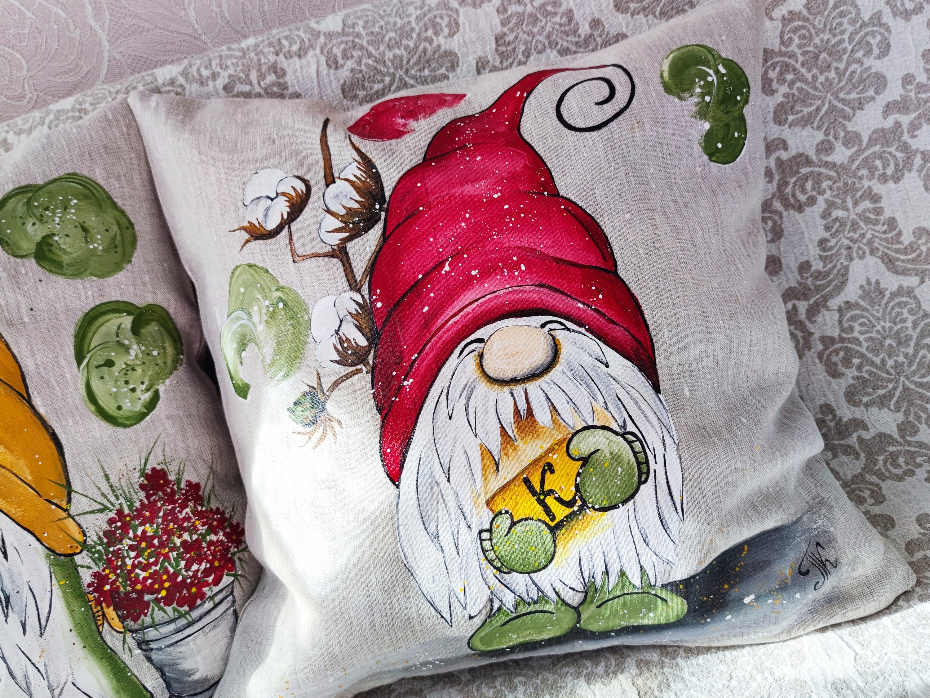 Garden Gnome Pillow Cover Handpainted Burlap pillowcase Linen Etsy
