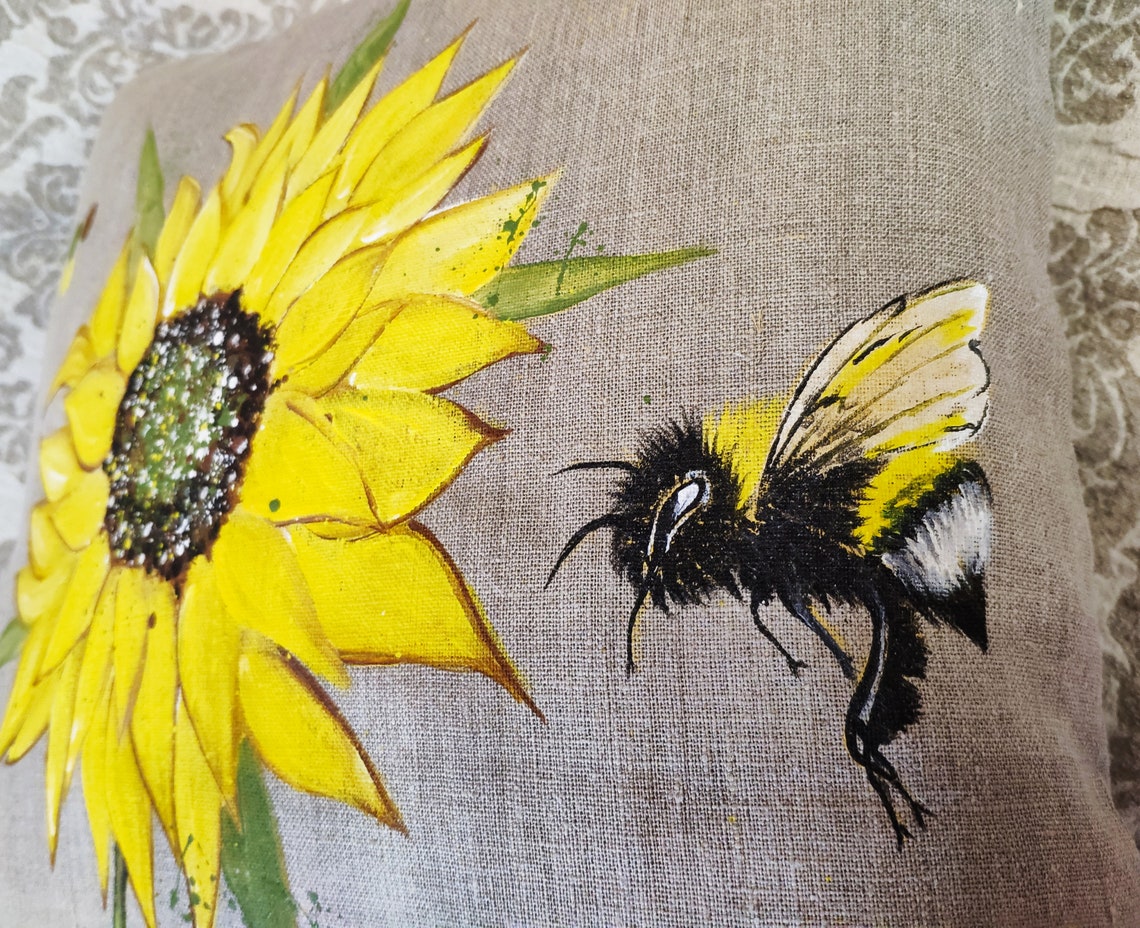 Sunflower Pillow Cover Room Decor Fall Handpainted Burlap Etsy