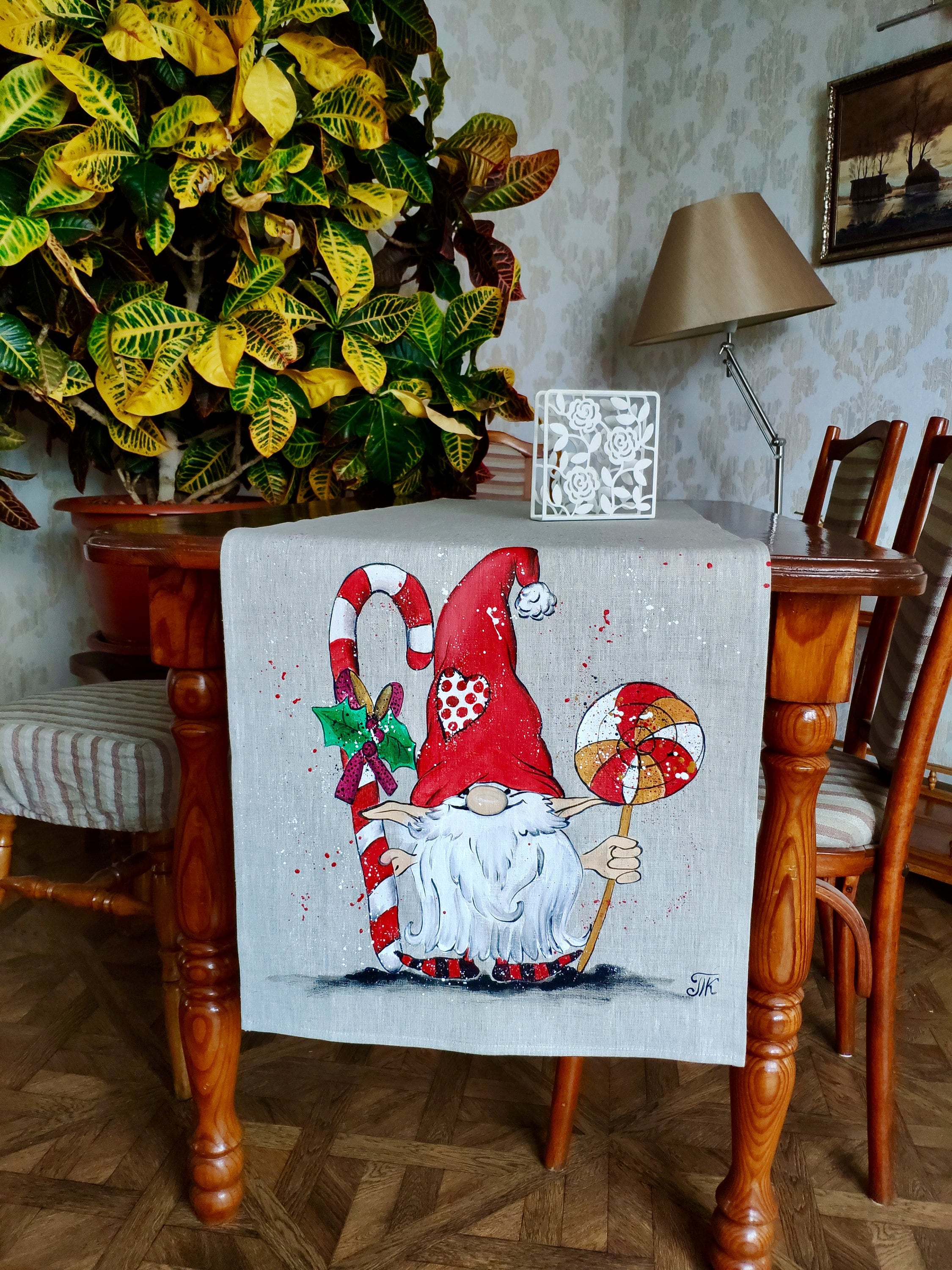Christmas Gnomes Table Runner/Handpainted/Kitchen Etsy