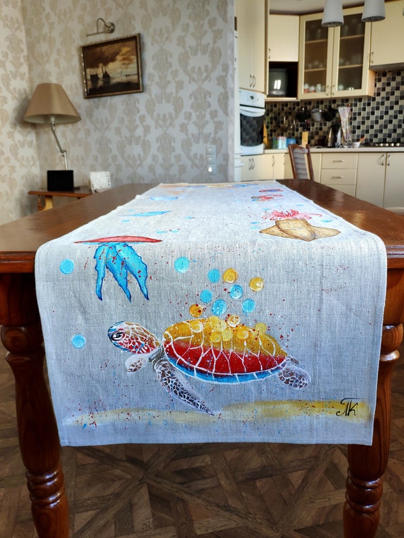 Turtle Table Runner Handpainted Crab seahorse squid jellyfish Etsy