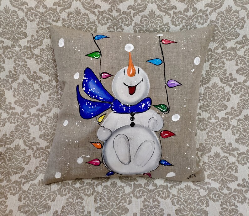 Snowman Pillow Cover Hand-painted Snow Christmas Blue Scarf | Etsy