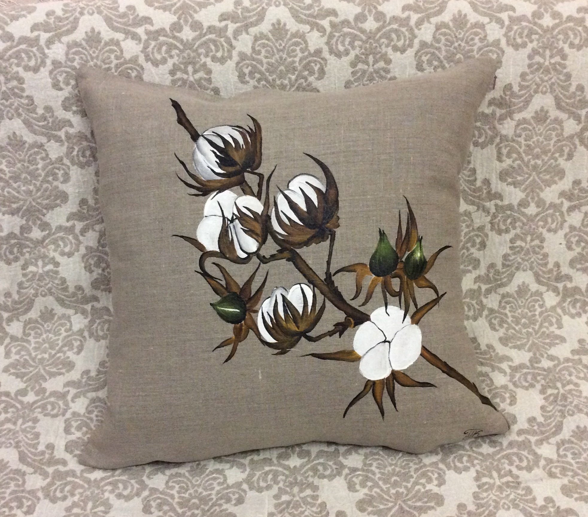 Handpainted Cotton Boll Pillow Cover Farm Style Decor Rustic Etsy