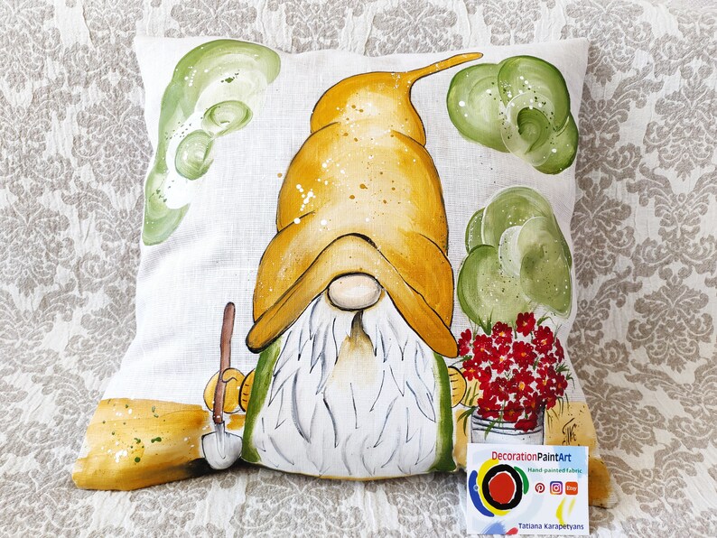 Garden Gnome Pillow Cover Handpainted Outdoor Pillows Etsy
