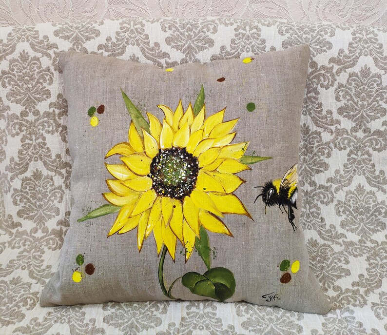 Sunflower Pillow Cover Room Decor Fall Handpainted Burlap Etsy