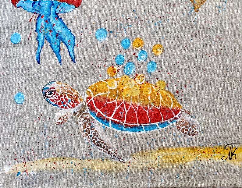 Turtle Table Runner Handpainted Crab seahorse squid jellyfish Etsy