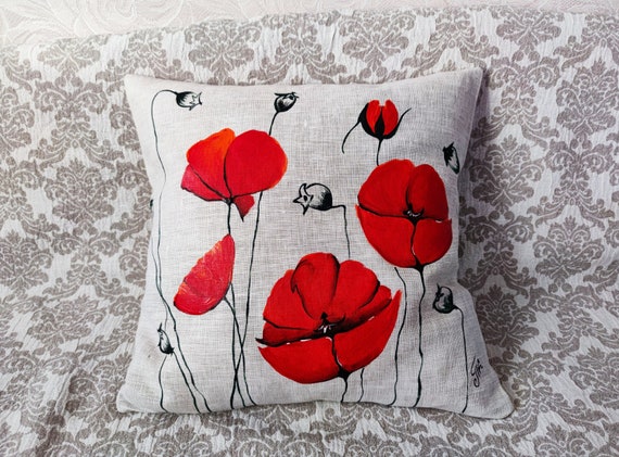 Poppy Outdoor Pillow Hand Painted Red Patio Pillows Accent Poppy Outdoor Pillow Hand Painted Red, Red Outdoor Throw Pillows