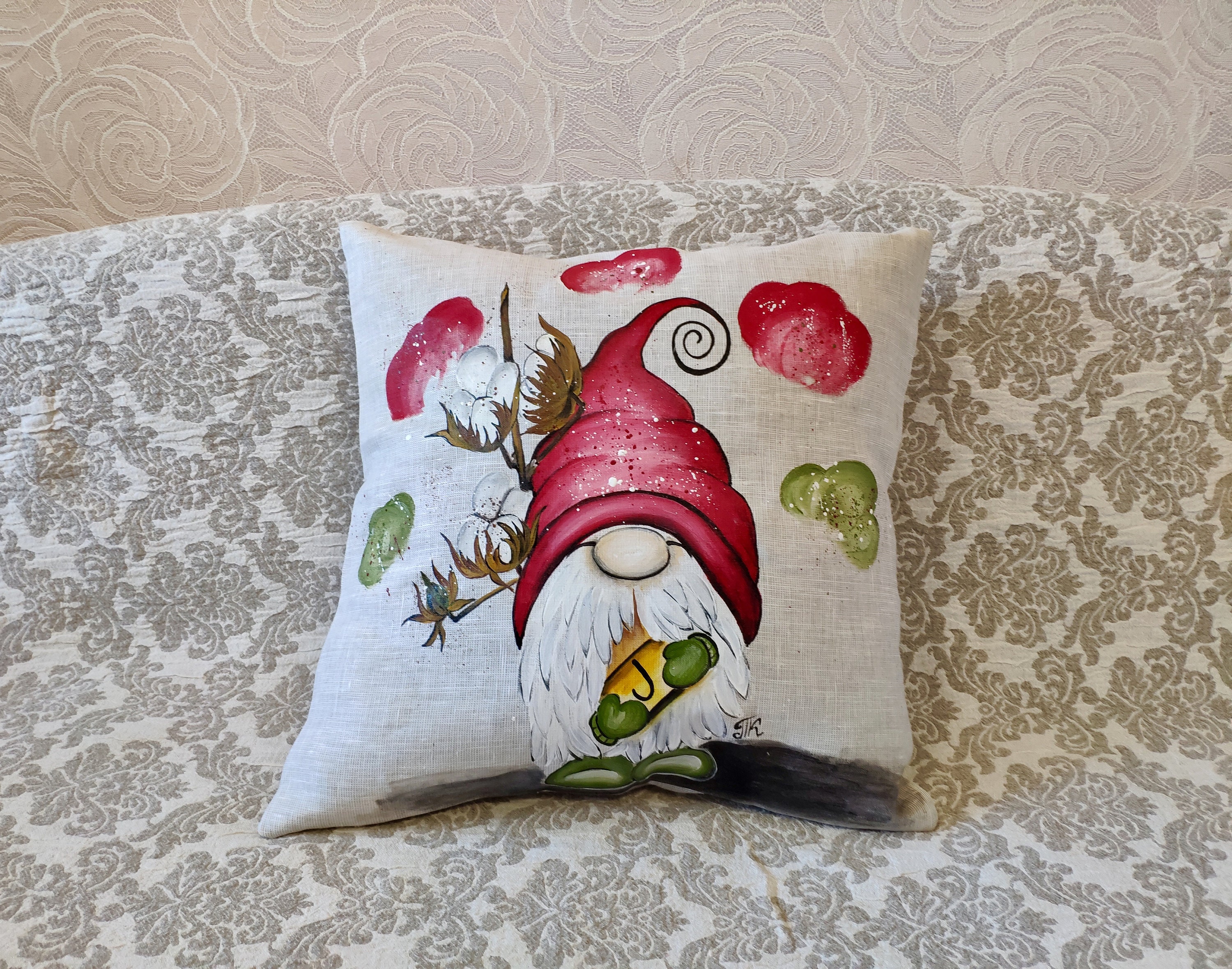 Garden Gnome Pillow Cover Handpainted Burlap pillowcase Linen Etsy