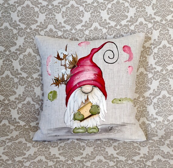 Garden Gnome Pillow Cover Handpainted Burlap pillowcase Linen Etsy