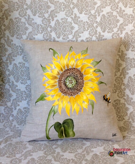 Sunflower Pillow Cover Room Decor Fall Hand Painted Burlap Pillowcase