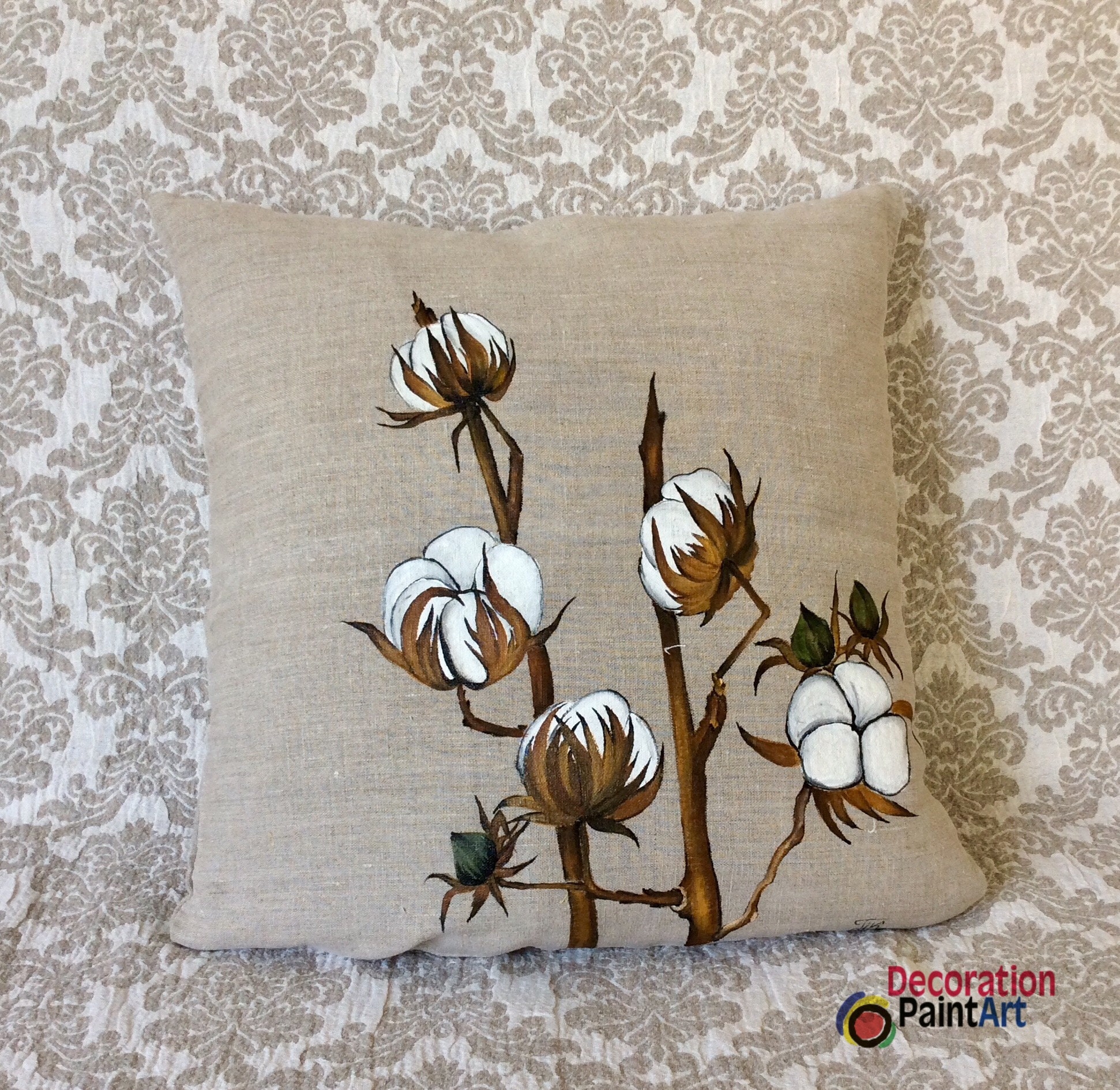 Handpainted Cotton Boll Pillow Cover Farm Style Decor Rustic Etsy