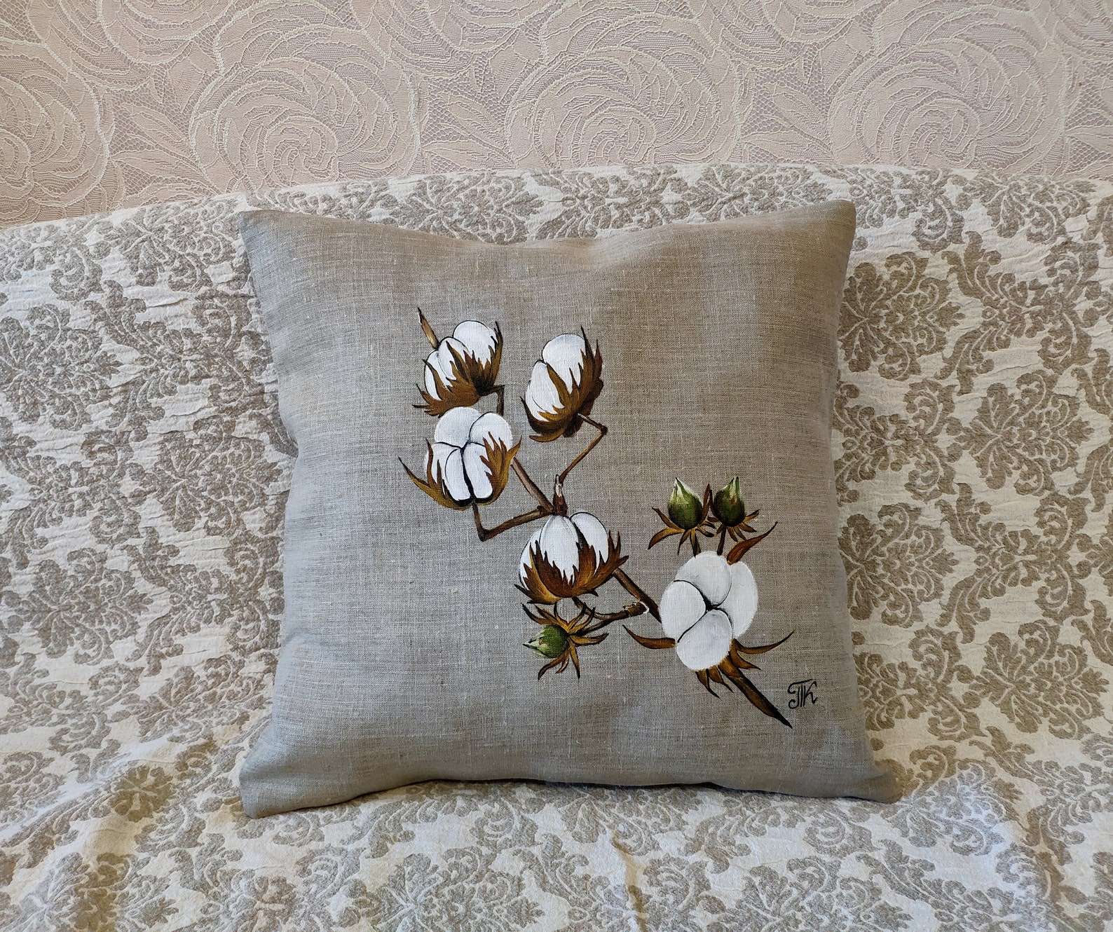 Handpainted Cotton Boll Pillow Cover Farm Style Decor Rustic Etsy