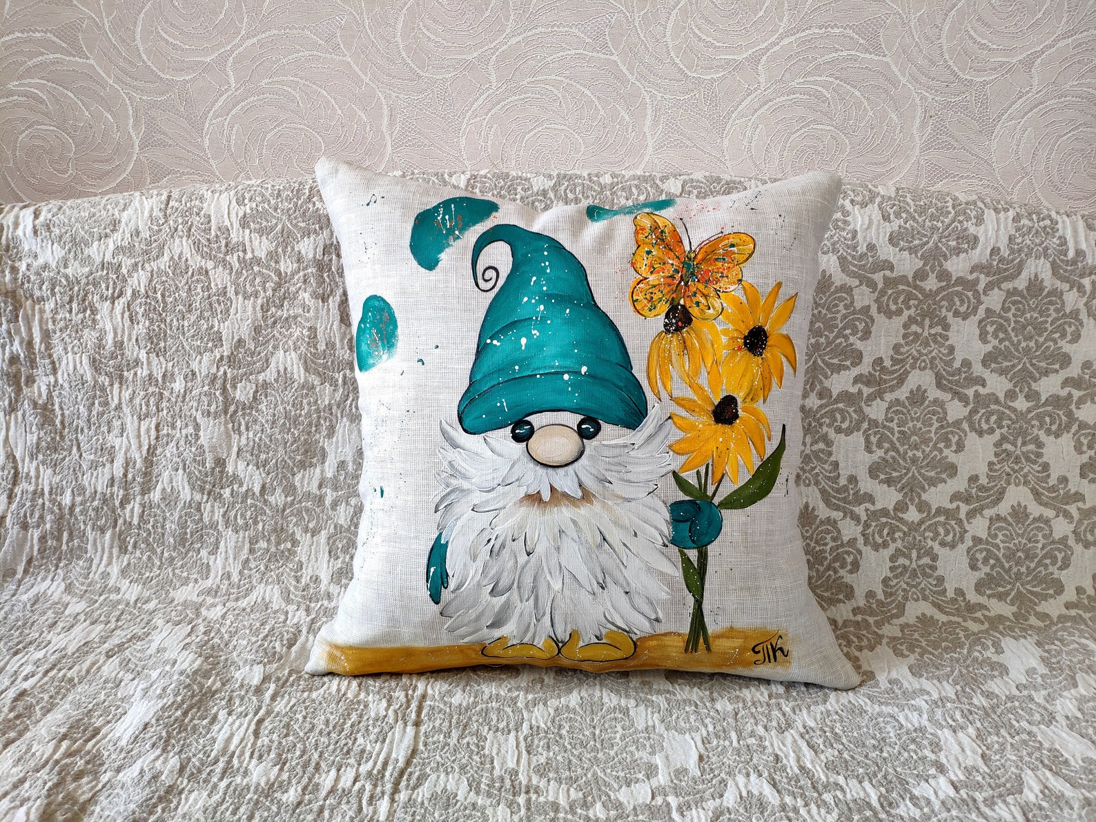 Garden Gnome Pillow Cover Handpainted Burlap pillowcase Linen Etsy