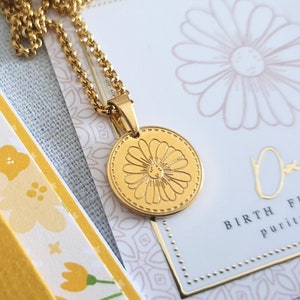 Flor mensual - Collar de flores de nacimiento de acero inoxidable con tarjeta de felicitación y tarjeta de joyería pequeña