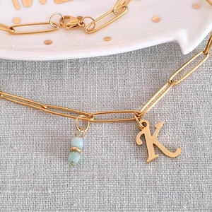 Collar monogram de acero inoxidable con colgante de cuentas de amazonita, carta deseada personalizable regalo personalizado