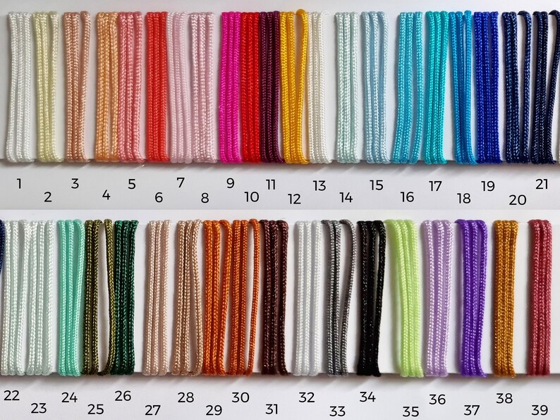 May include: A chart displaying 39 different coloured cords, each labelled with a number from 1 to 39. The cords are arranged in two rows, with the first row containing cords numbered 1 to 21 and the second row containing cords numbered 22 to 39.