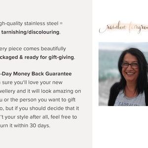May include: Text on a white background with a diamond symbol and the text "High-quality stainless steel = no tarnishing/discolouring."  The text continues with "Every piece comes beautifully packaged & ready for gift-giving."  The text continues with "30-Day Money Back Guarantee I'm sure you'll love your new jewellery and it will look amazing on you or the person you want to gift it to, but if you should decide that it isn't your style after all, feel free to return it within 30 days."  The text "rainbow fairground" is written in cursive on a pink and orange watercolour background. A woman with dark hair is smiling at the camera. She is wearing a grey shirt with the word "SAUSALITO" on it. She is standing in front of a body of water.