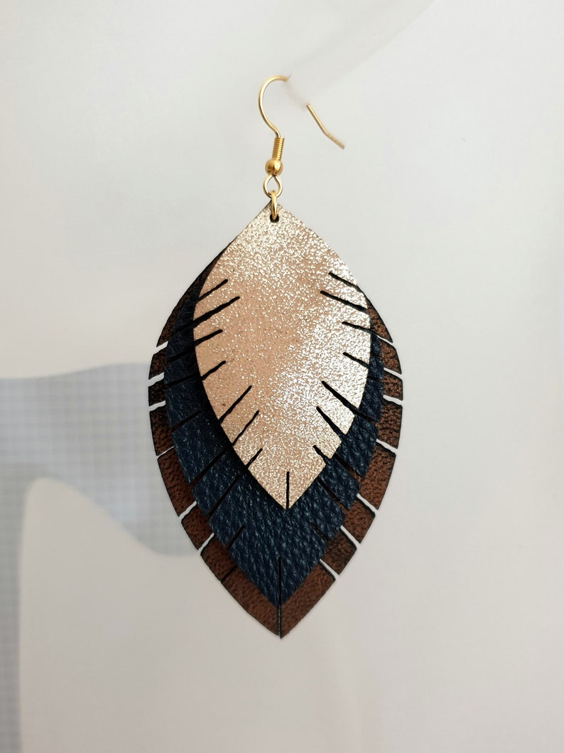 boho bohemian earrings hanging earrings Statement earrings large stainless steel leaves imitation leather