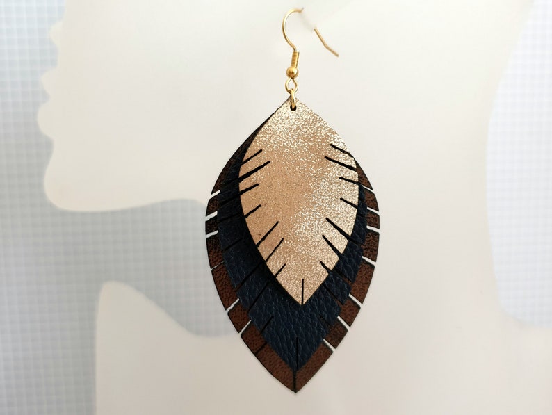 boho bohemian earrings hanging earrings Statement earrings large stainless steel leaves imitation leather
