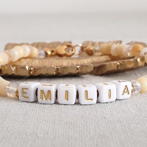 Pulsera de perlas personalizable con el nombre o texto deseado, perlas de piedra natural, piedra semipreciosa, acero inoxidable, faceta de vidrio, perlas Katsuki
