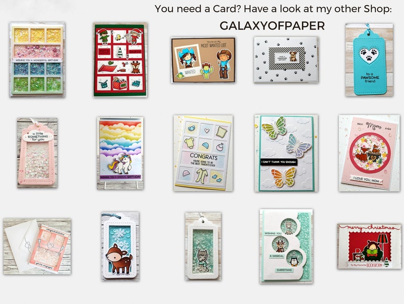 May include: A collection of handmade greeting cards featuring various themes, including a unicorn, butterflies, a snowman, and a Christmas scene. The cards are decorated with glitter, paper cutouts, and other embellishments. The text "GALAXYOFPAPER" is visible at the top of the image.
