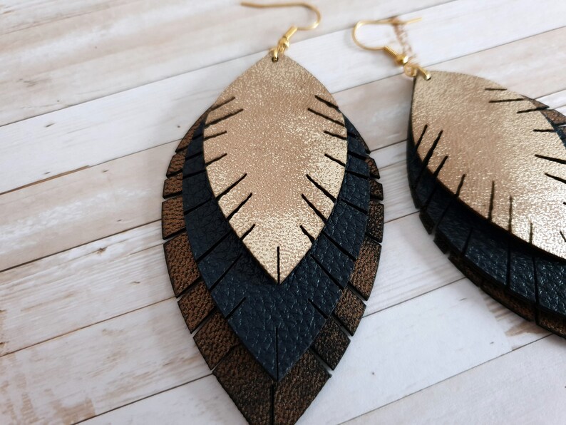 boho bohemian earrings hanging earrings Statement earrings large stainless steel leaves imitation leather
