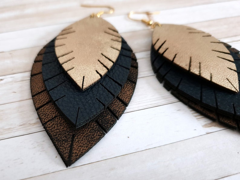 boho bohemian earrings hanging earrings Statement earrings large stainless steel leaves imitation leather