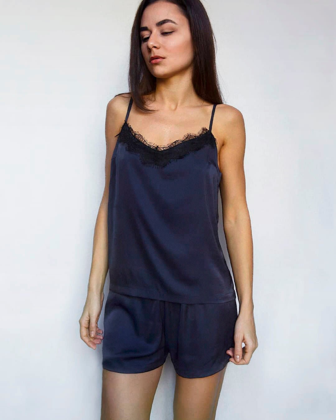 Satin Pajama Set Silk Top Satin Shorts 