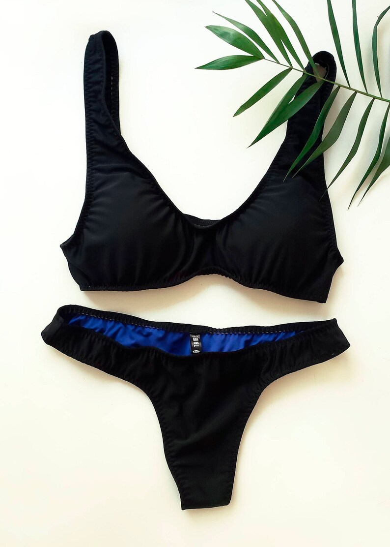 Black Bathing Suit Padded Top Half Thong Bikini Bottoms Cheeky Etsy