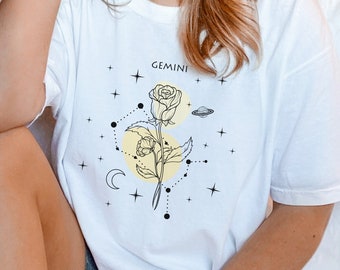 Zodiac birth month flower t-shirt, Gemini astrology t shirt, Floral line art shirt, Boho wild flowers t-shirt, Horoscope tshirt gift idea