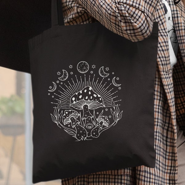 Mushroom tote bag Moon tote bag Boho Jutebeutel Reusable tote bag Tote bag aesthetic Organic cotton bag Trendy tote bag Boho tote bag