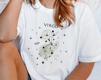 Zodiac birth month flower t-shirt, Virgo astrology t shirt, Floral line art shirt, Boho wild flowers t-shirt, Horoscope tshirt, Gift for her