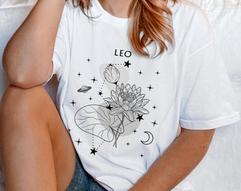 Birth month flower t-shirt Leo zodiac sign t shirt gift for daughter Astrology shirt Boho floral line art tshirt Horoscope star sign t shirt