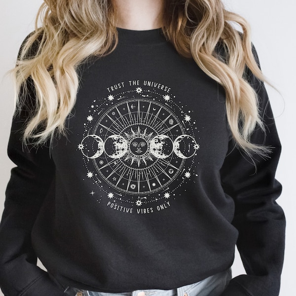 Trendiges Sweatshirt mit himmlischer Sonne, Mond und Sternen, ästhetisches Damen-Sweatshirt mit Rundhalsausschnitt, Dark-Academia-Shirt, Witchy-ästhetische Geschenkidee für sie